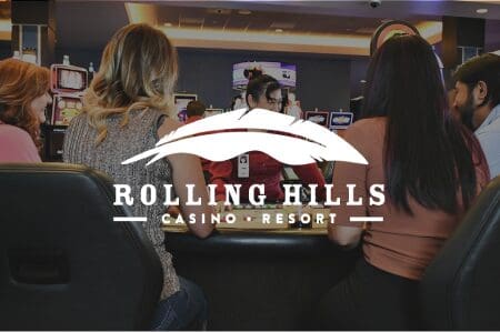 Casino backdrop with Rolling Hills Casino logo